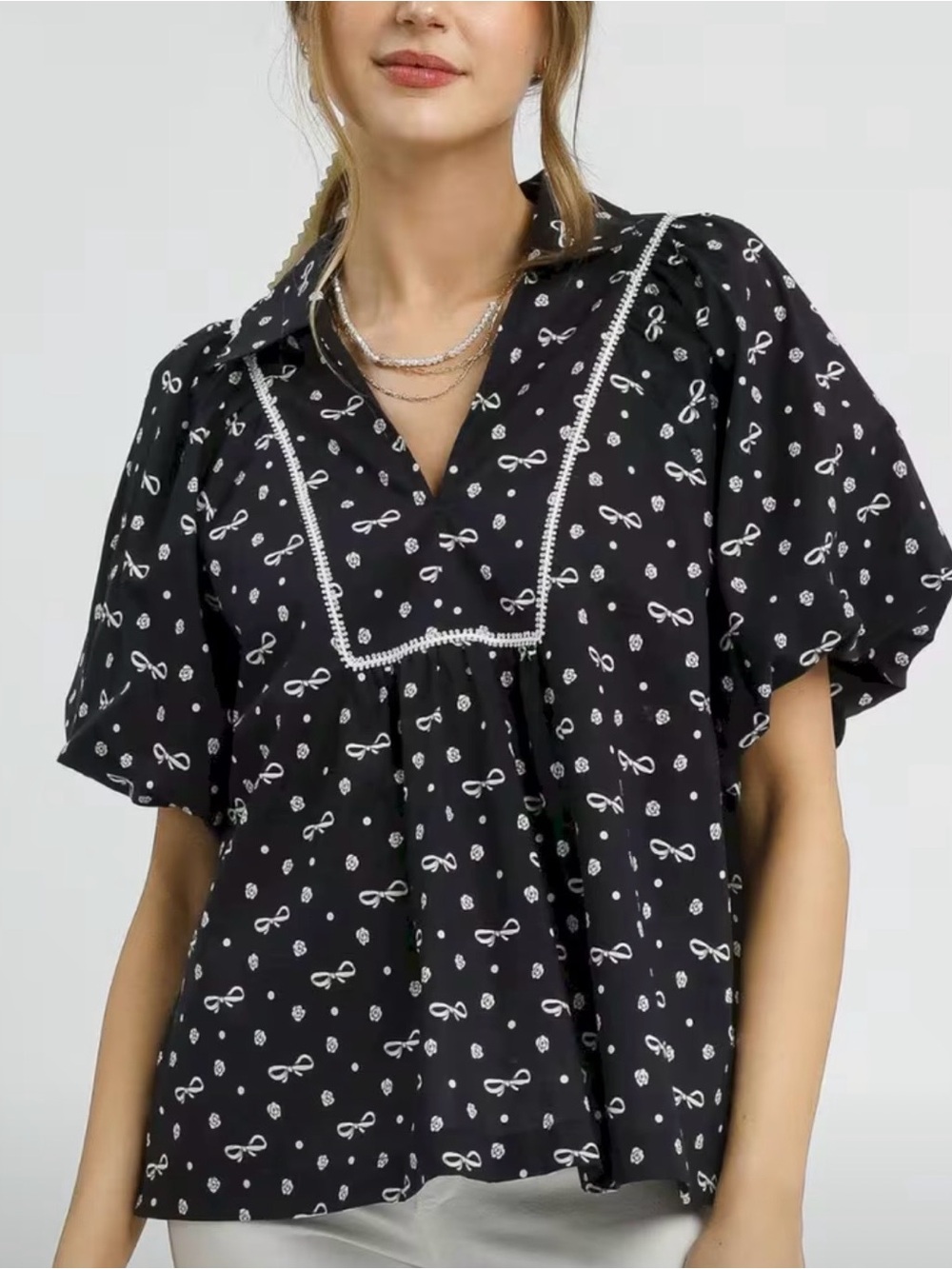 Umgee Black Blouse with White Bow Print